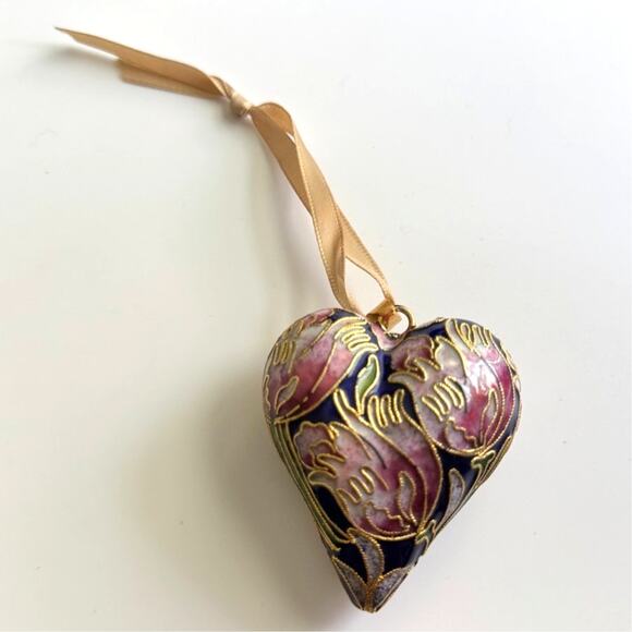 Cloisonne Enamel Porcelain Blue Gold Floral‎ Heart Decorative Ornament - Picture 1 of 8